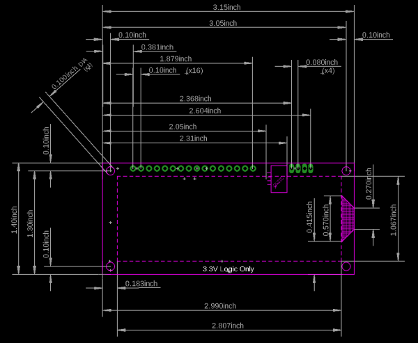 Dimensional drawing image of 16x2 qwiic serlcd