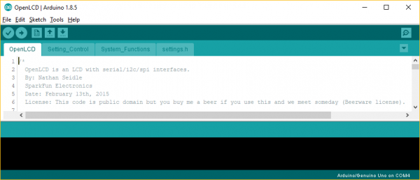 Four tabs should be open when you open the OpenLCD.ino file. The other three files are Setting_Control.ino, System_Functions.ino, and settings.h