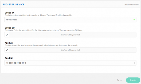 Screenshot of the Register Device menu showing the various form fields described below.