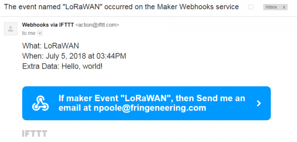 Screenshot of an email with the subject line "The event named "LoRaWAN" occurred on the Maker Webhooks service". The body of the email reads "What: LoRaWAN When: July 5,1028 at 3:44PM Extra Data: Hello, world!"