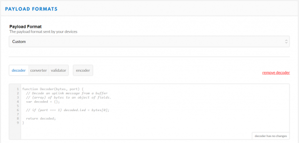 Screenshot of the Payload Formats page, showing a field labeled "decoder" where code can be typed. Some example code is in the field by default. It doesn't appear to return anything.