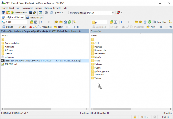 Using WinSCP to upload the SDK ZIP file to your P i