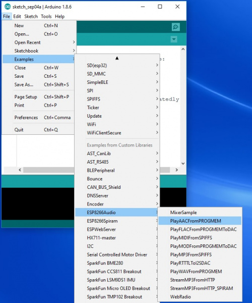 Where to find Example Sketch "PlayAACFromPROGMEM"