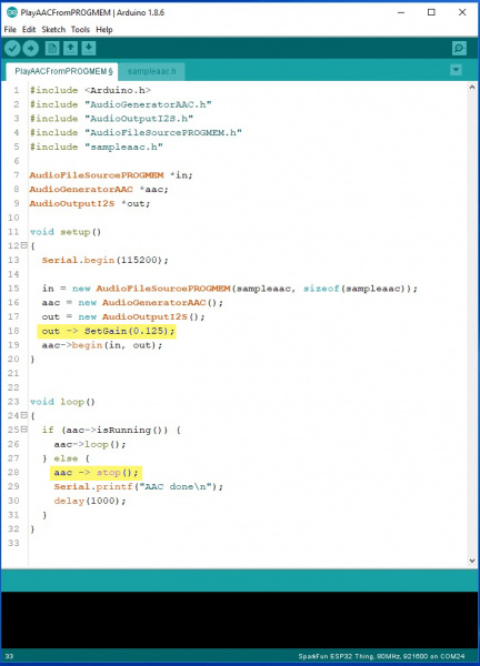 Hightlight of changes made to the example sketch