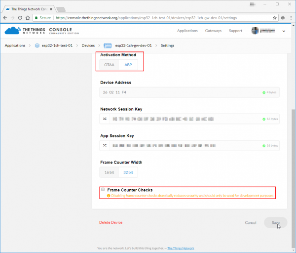 Modifying TTN device settings