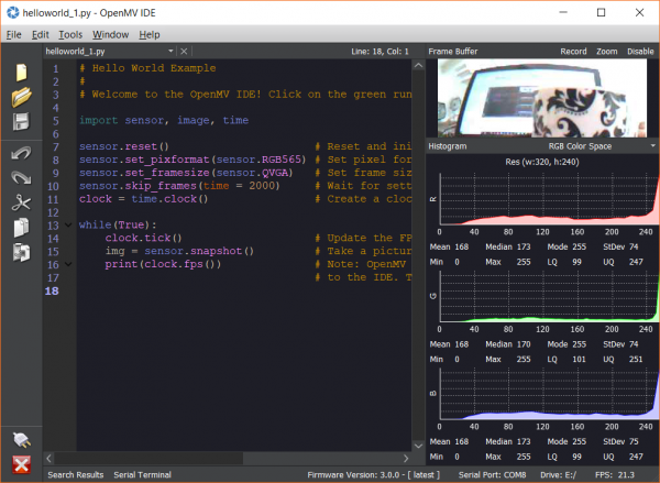 Live video feed from the OpenMV M7