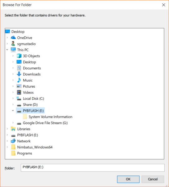 Select the pyboard's flash drive