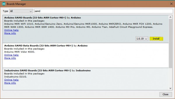 Image of the Arduino Boards Manager and the SAMD option contained therein.