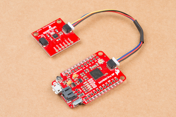 This is a picture of the SAMD21 Pro RF attached to a Qwiic Accelerometer.