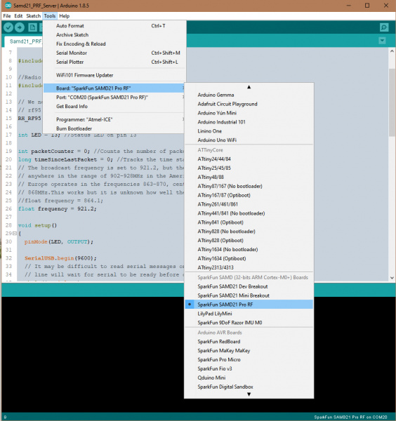 This is an image of the Tools Dropdown Menu in the Arduino IDE where the Board and Port have been set to the SAMD21 Pro RF.