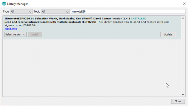 IRremoteESP8266 library manager install