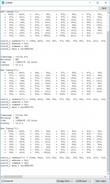 Example recv dump output from serial monitor