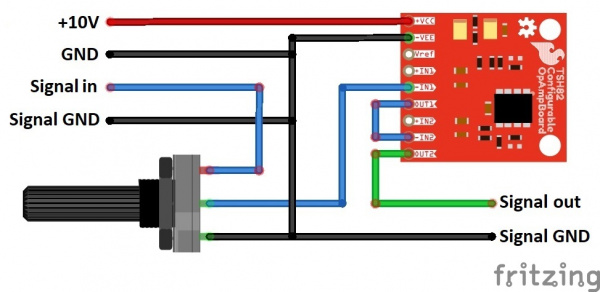 Fritzing diagram of default circuit, 2 stages in sequence with potentiometer at the front.