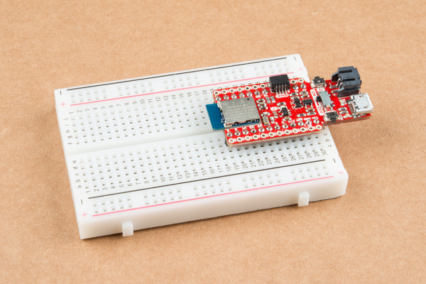 Breadboarded nRF52840 Breakout with male headers soldered in