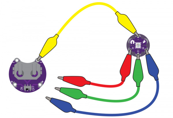 LilyPad RGB LED connected to three alligator clips and a LilyPad Battery Holder