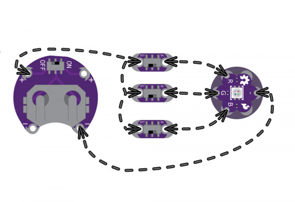 RGB LED stitched with conductive thread to three LilyPad Switches and a LilyPad Battery Holder