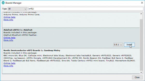 board manager showing nrf52 install