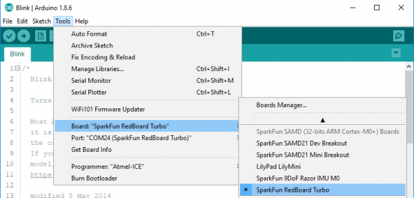 RedBoard Turbo board menu entry