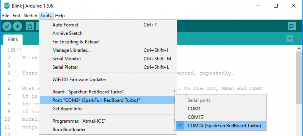 Selecting the RedBoard Turbo port