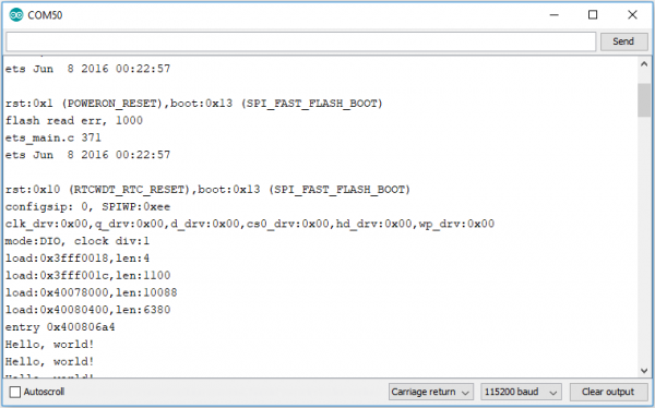 Example serial port output