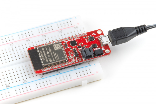 ESP32 Thing Plus plugged into breadboard