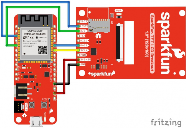 Fritzing Diagram of Esp32 Thing Plus hooked up to SparkFun TFT 1.8" LCD Screen