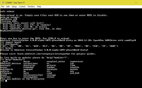 Terminal window showing  help modules and dir(board)