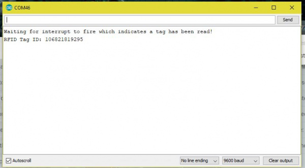 Pictured is an image of Arduino's Serial Monitor with an RFID tag's number printed.