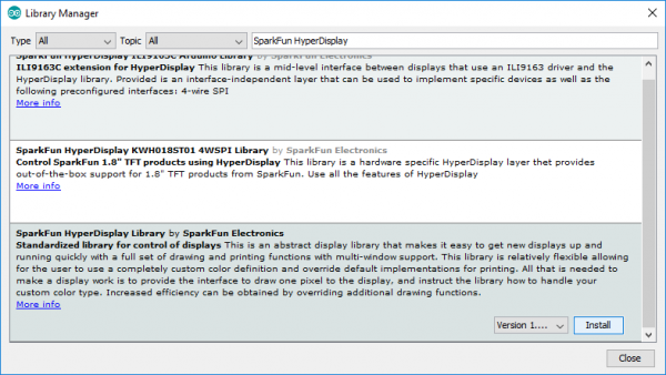 Installing the SparkFun HyperDisplay Library via library manager