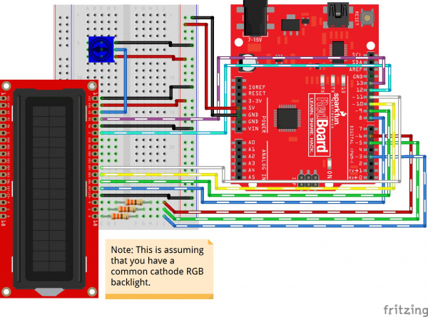 Basic 16x2 Character LCD w/ RGB Backlight Connected to an Arduino