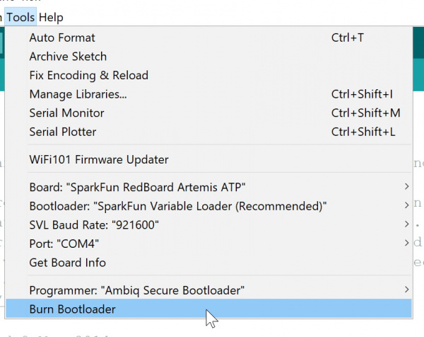 Selecting 'Burn Bootloader' from Tools menu