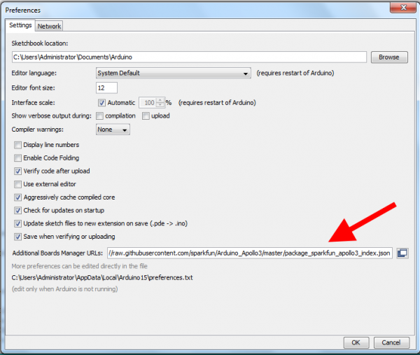 Additional Boards Manager URL location in the Preferences Dialog