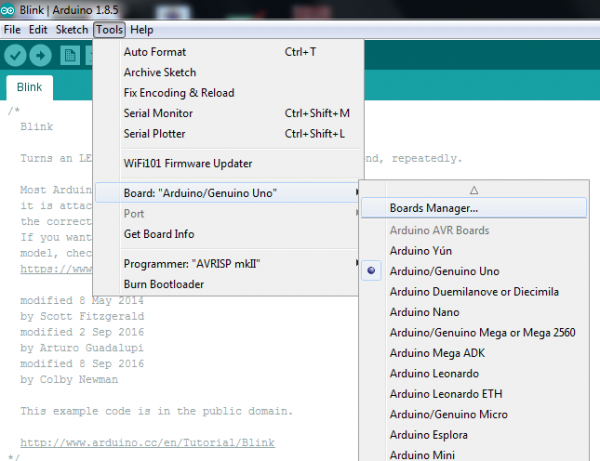 Arduino Boards Manager Dialog, under Tools