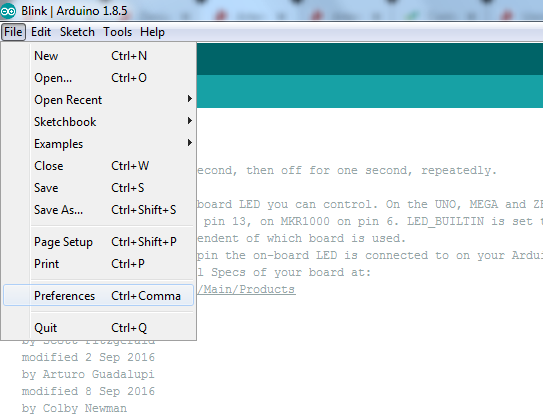 Arduino Preferences, under File