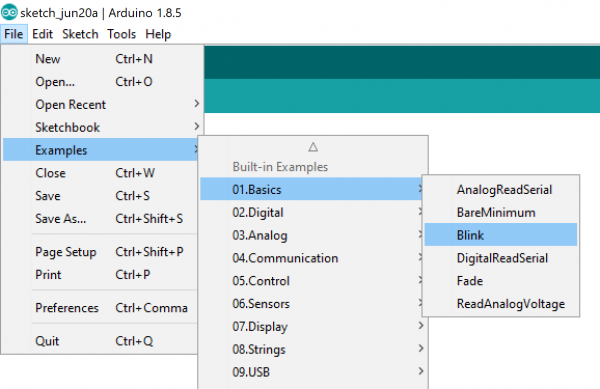 The Blink Sketch is under file->examples->01.Basics->Blink