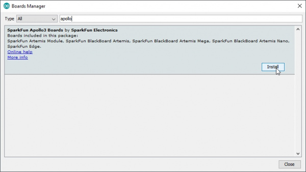 Board manager showing SparkFun Apollo3 Artemis install