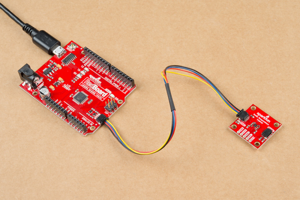 TMP117 easily connected to a RedBoard Qwiic with a Qwiic cable