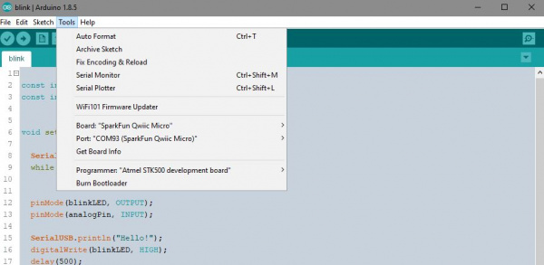 Board and COM Port Selection in the Arduino IDE