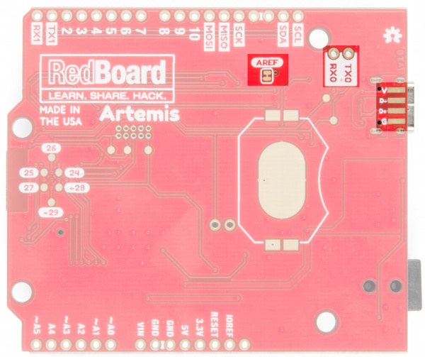 Rear of RedBoard Artemis showing various SMD pads and jumpers