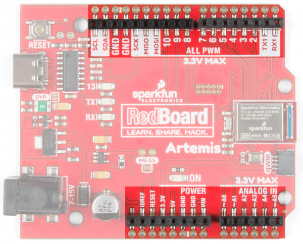 Pin Rails on the Front of the Artemis RedBoard