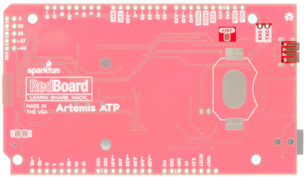 Back of RedBoard Artemis ATP showing various SMD pads and jumpers