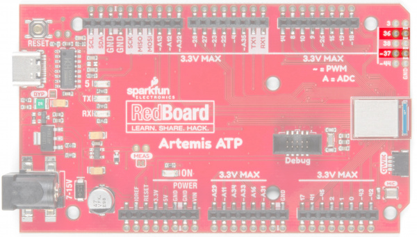 Pins 36 and 37 are on the upper right hand side of the front of the board