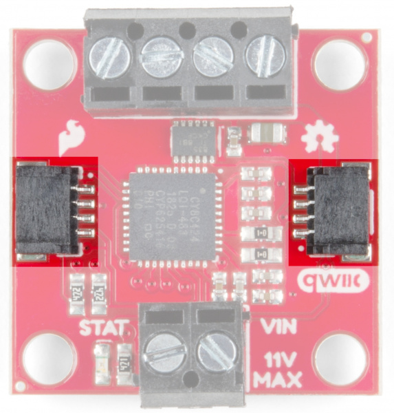 Qwiic connectors on either side of the board